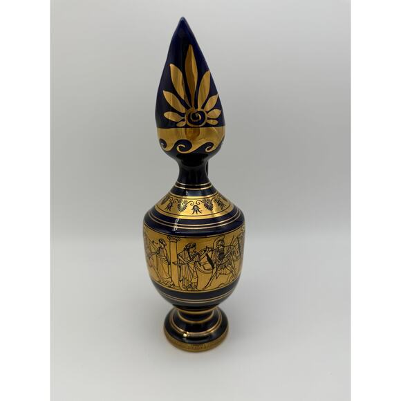 Grecian Cobalt Blue Classic Greece Scene 9" Greek Key Pitcher Vase 24K gold - Picture 2 of 7